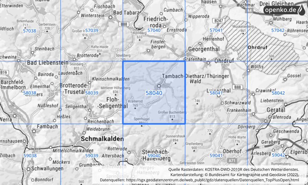 Übersichtskarte KOSTRA-DWD-2010R Rasterfeld Nr. 58040 mit angrenzenden Feldern