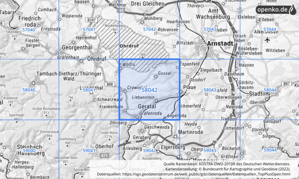 Übersichtskarte KOSTRA-DWD-2010R Rasterfeld Nr. 58042 mit angrenzenden Feldern