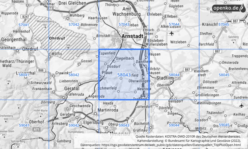 Übersichtskarte KOSTRA-DWD-2010R Rasterfeld Nr. 58043 mit angrenzenden Feldern
