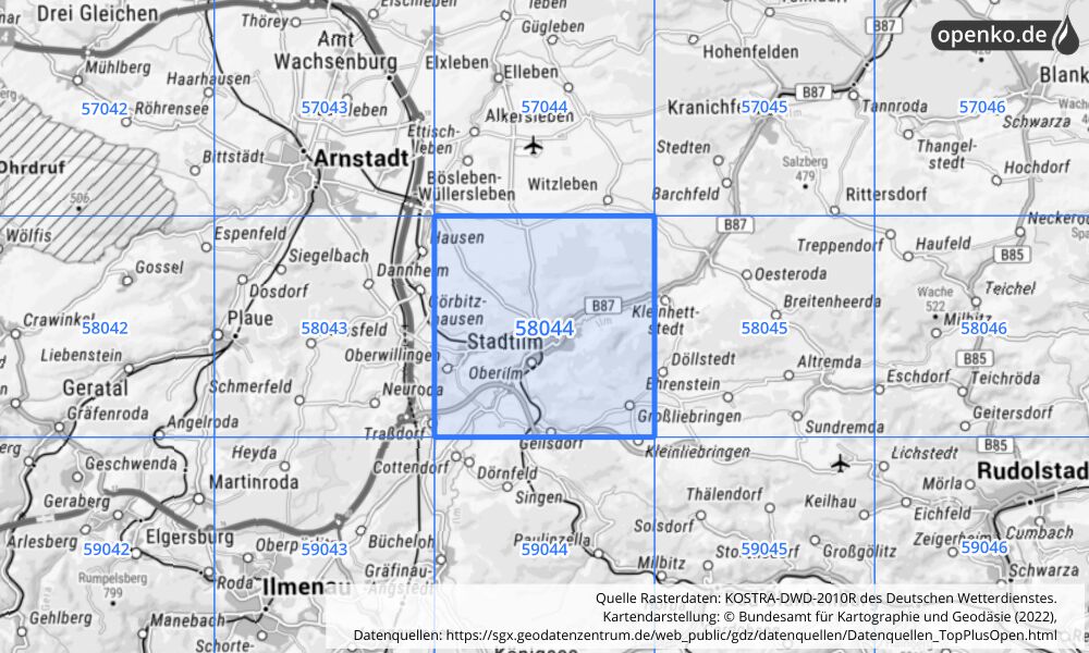 Übersichtskarte KOSTRA-DWD-2010R Rasterfeld Nr. 58044 mit angrenzenden Feldern