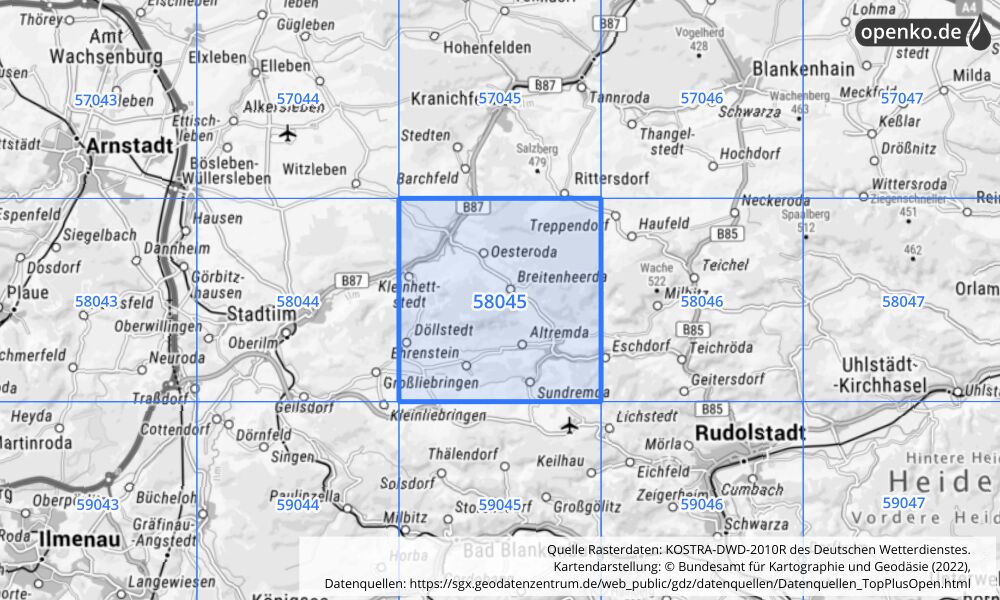 Übersichtskarte KOSTRA-DWD-2010R Rasterfeld Nr. 58045 mit angrenzenden Feldern