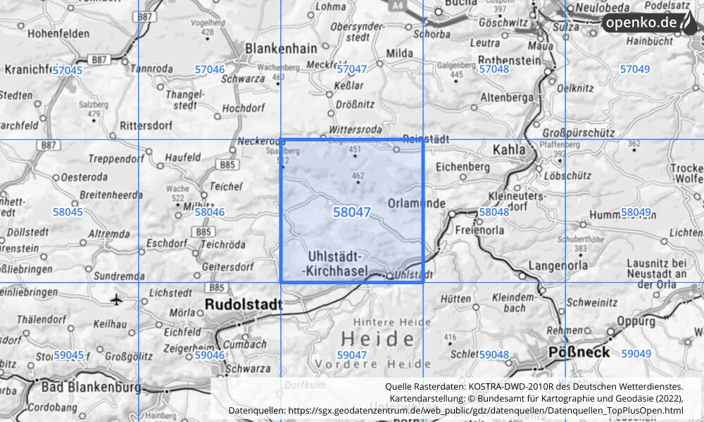 Übersichtskarte KOSTRA-DWD-2010R Rasterfeld Nr. 58047 mit angrenzenden Feldern