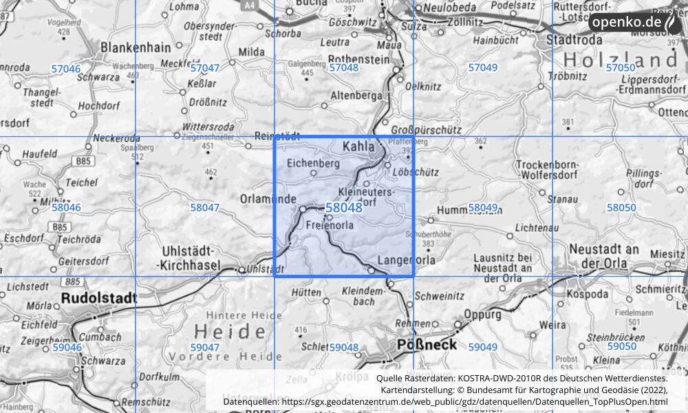 Übersichtskarte KOSTRA-DWD-2010R Rasterfeld Nr. 58048 mit angrenzenden Feldern