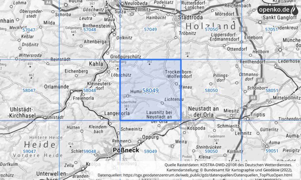 Übersichtskarte KOSTRA-DWD-2010R Rasterfeld Nr. 58049 mit angrenzenden Feldern
