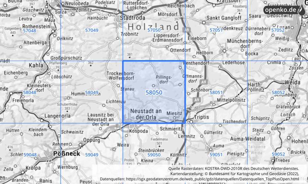 Übersichtskarte KOSTRA-DWD-2010R Rasterfeld Nr. 58050 mit angrenzenden Feldern