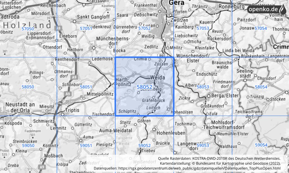 Übersichtskarte KOSTRA-DWD-2010R Rasterfeld Nr. 58052 mit angrenzenden Feldern