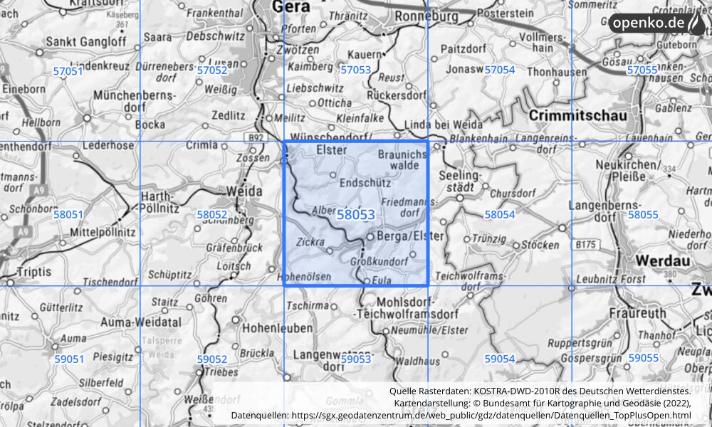 Übersichtskarte KOSTRA-DWD-2010R Rasterfeld Nr. 58053 mit angrenzenden Feldern