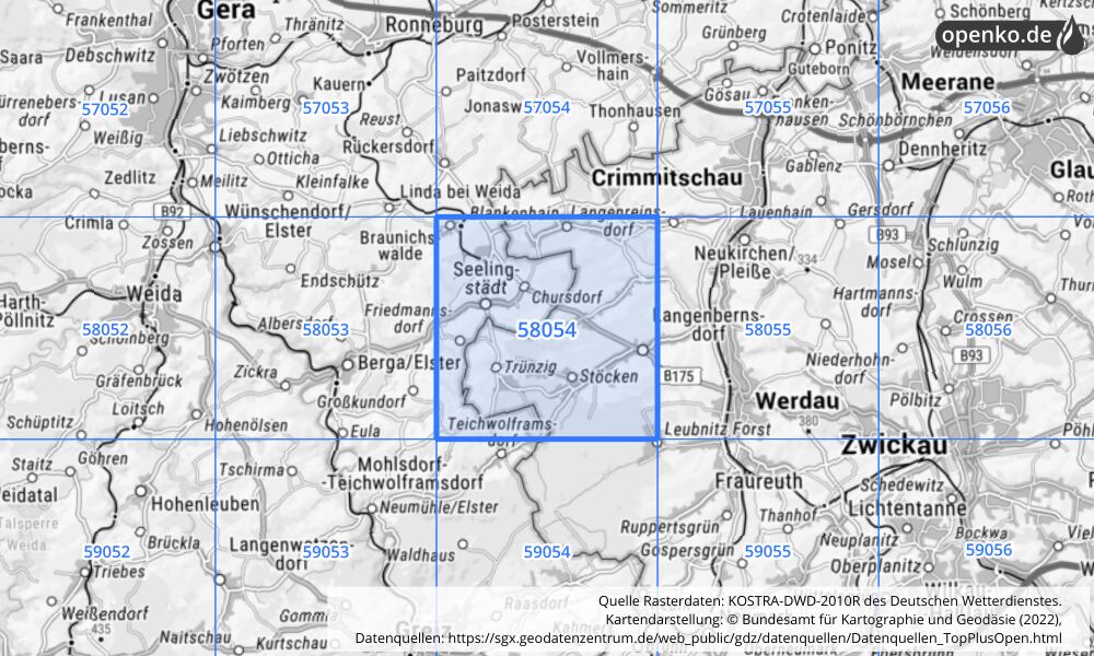 Übersichtskarte KOSTRA-DWD-2010R Rasterfeld Nr. 58054 mit angrenzenden Feldern