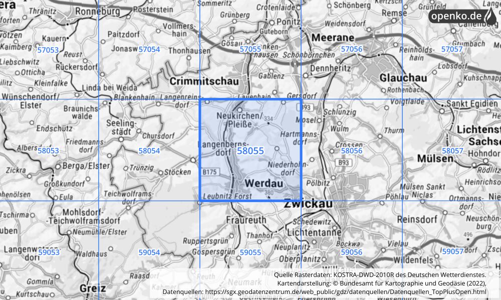 Übersichtskarte KOSTRA-DWD-2010R Rasterfeld Nr. 58055 mit angrenzenden Feldern