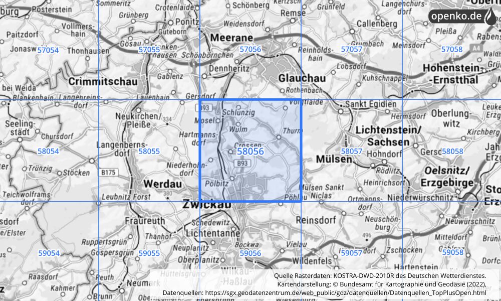 Übersichtskarte KOSTRA-DWD-2010R Rasterfeld Nr. 58056 mit angrenzenden Feldern