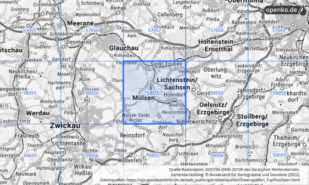 Übersichtskarte KOSTRA-DWD-2010R Rasterfeld Nr. 58057 mit angrenzenden Feldern