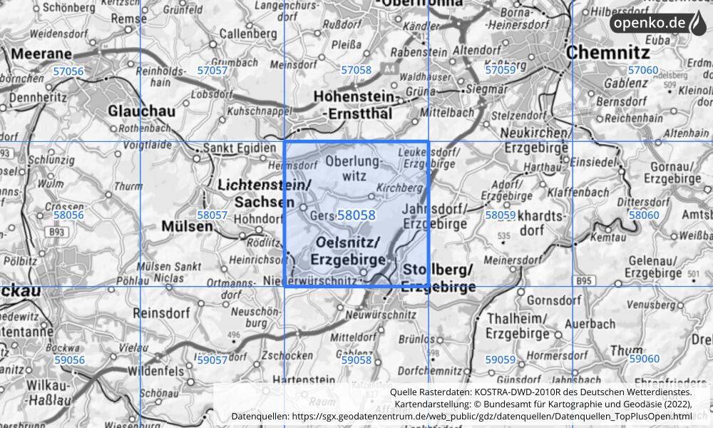 Übersichtskarte KOSTRA-DWD-2010R Rasterfeld Nr. 58058 mit angrenzenden Feldern