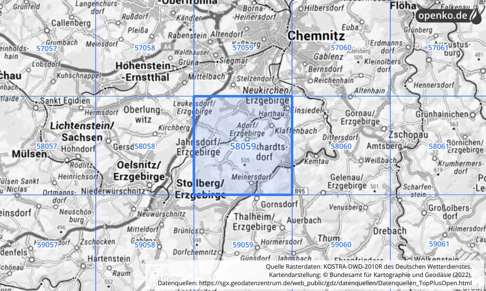 Übersichtskarte KOSTRA-DWD-2010R Rasterfeld Nr. 58059 mit angrenzenden Feldern