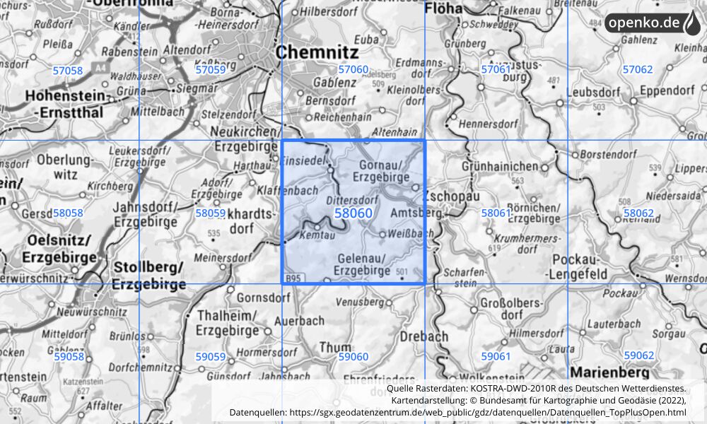 Übersichtskarte KOSTRA-DWD-2010R Rasterfeld Nr. 58060 mit angrenzenden Feldern