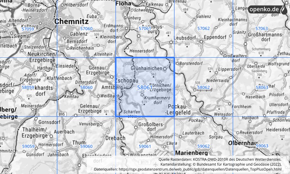 Übersichtskarte KOSTRA-DWD-2010R Rasterfeld Nr. 58061 mit angrenzenden Feldern