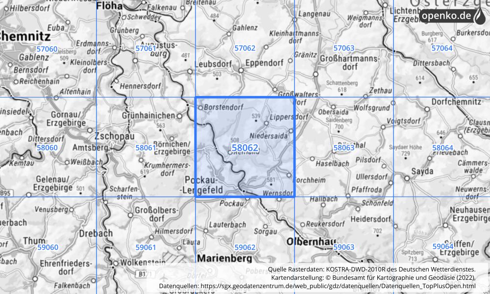 Übersichtskarte KOSTRA-DWD-2010R Rasterfeld Nr. 58062 mit angrenzenden Feldern