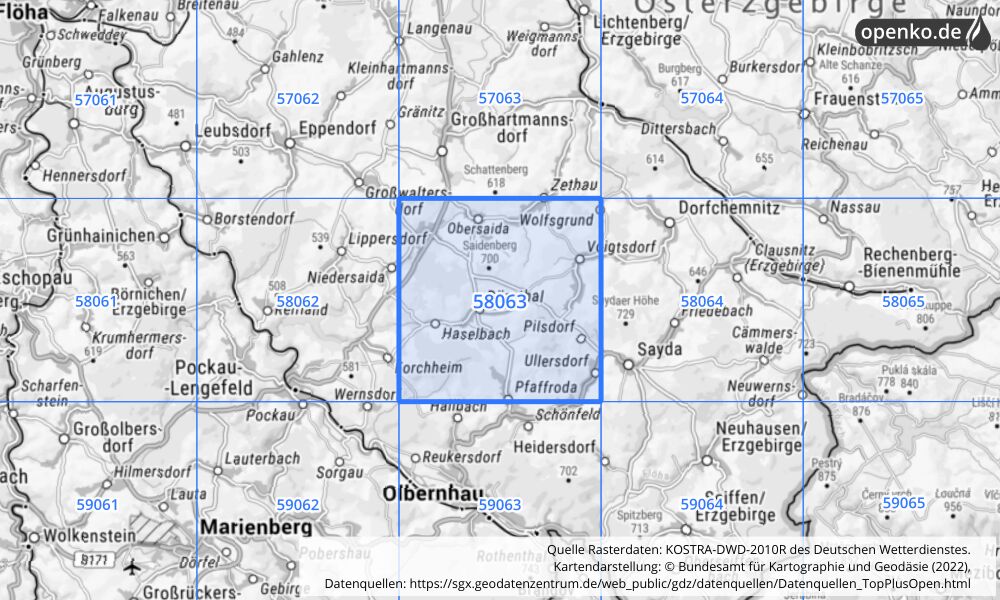 Übersichtskarte KOSTRA-DWD-2010R Rasterfeld Nr. 58063 mit angrenzenden Feldern