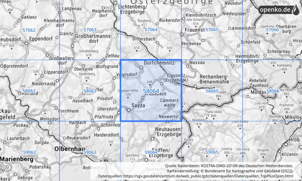 Übersichtskarte KOSTRA-DWD-2010R Rasterfeld Nr. 58064 mit angrenzenden Feldern