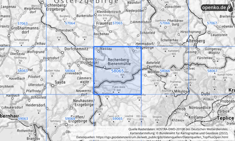 Übersichtskarte KOSTRA-DWD-2010R Rasterfeld Nr. 58065 mit angrenzenden Feldern