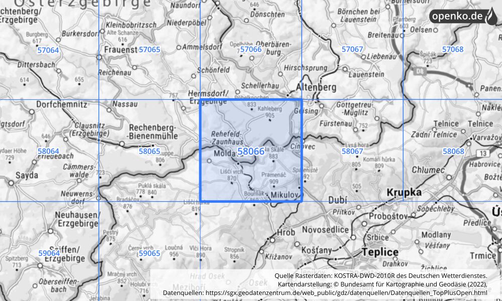 Übersichtskarte KOSTRA-DWD-2010R Rasterfeld Nr. 58066 mit angrenzenden Feldern