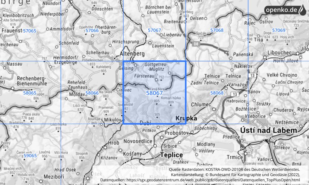 Übersichtskarte KOSTRA-DWD-2010R Rasterfeld Nr. 58067 mit angrenzenden Feldern