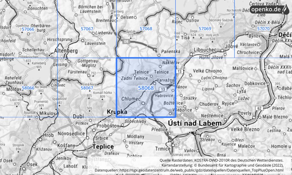 Übersichtskarte KOSTRA-DWD-2010R Rasterfeld Nr. 58068 mit angrenzenden Feldern