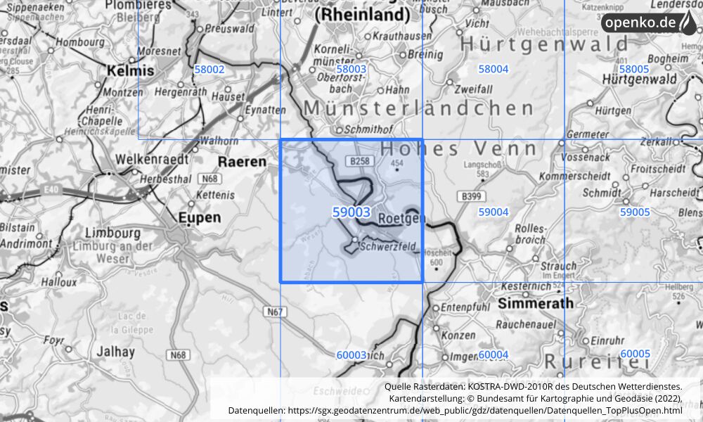 Übersichtskarte KOSTRA-DWD-2010R Rasterfeld Nr. 59003 mit angrenzenden Feldern