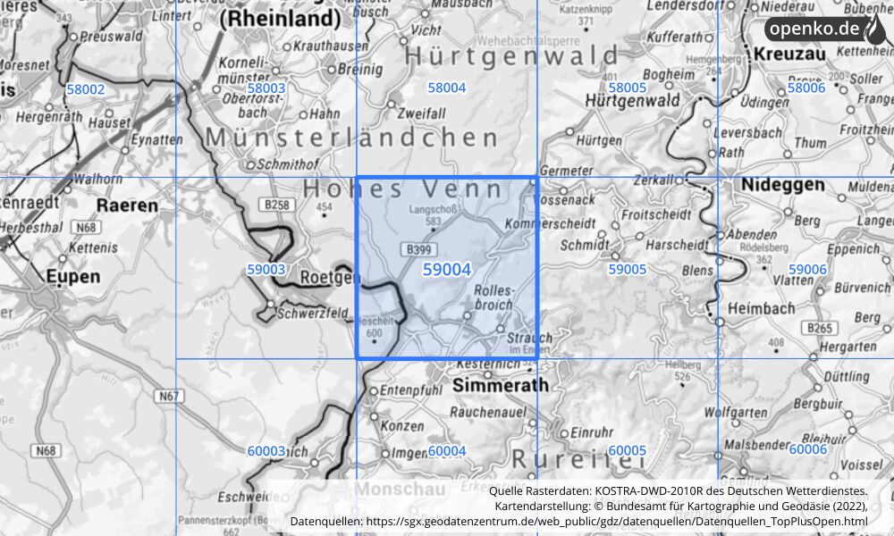 Übersichtskarte KOSTRA-DWD-2010R Rasterfeld Nr. 59004 mit angrenzenden Feldern