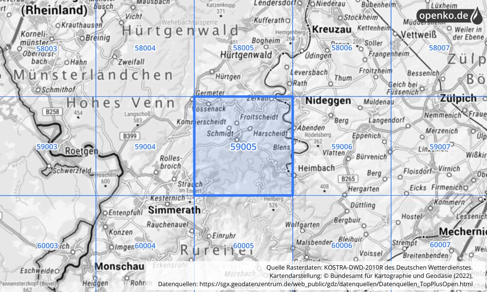 Übersichtskarte KOSTRA-DWD-2010R Rasterfeld Nr. 59005 mit angrenzenden Feldern