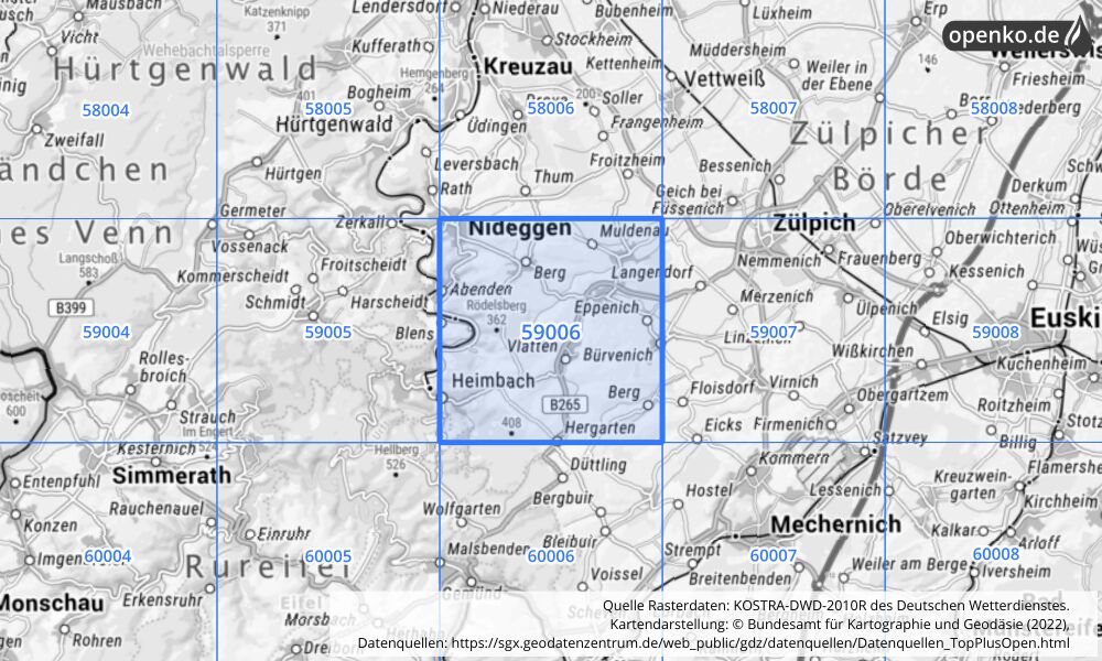 Übersichtskarte KOSTRA-DWD-2010R Rasterfeld Nr. 59006 mit angrenzenden Feldern