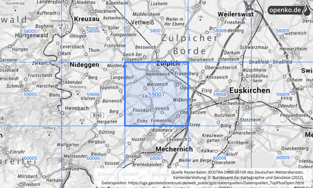 Übersichtskarte KOSTRA-DWD-2010R Rasterfeld Nr. 59007 mit angrenzenden Feldern