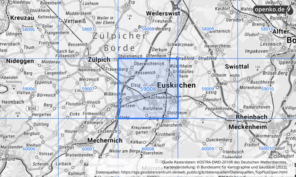 Übersichtskarte KOSTRA-DWD-2010R Rasterfeld Nr. 59008 mit angrenzenden Feldern