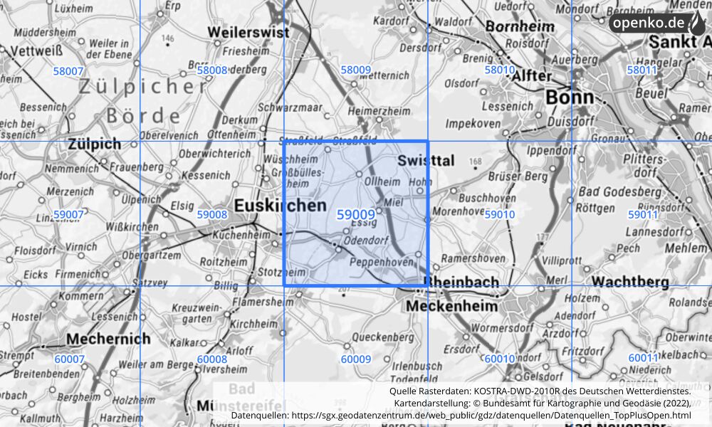 Übersichtskarte KOSTRA-DWD-2010R Rasterfeld Nr. 59009 mit angrenzenden Feldern