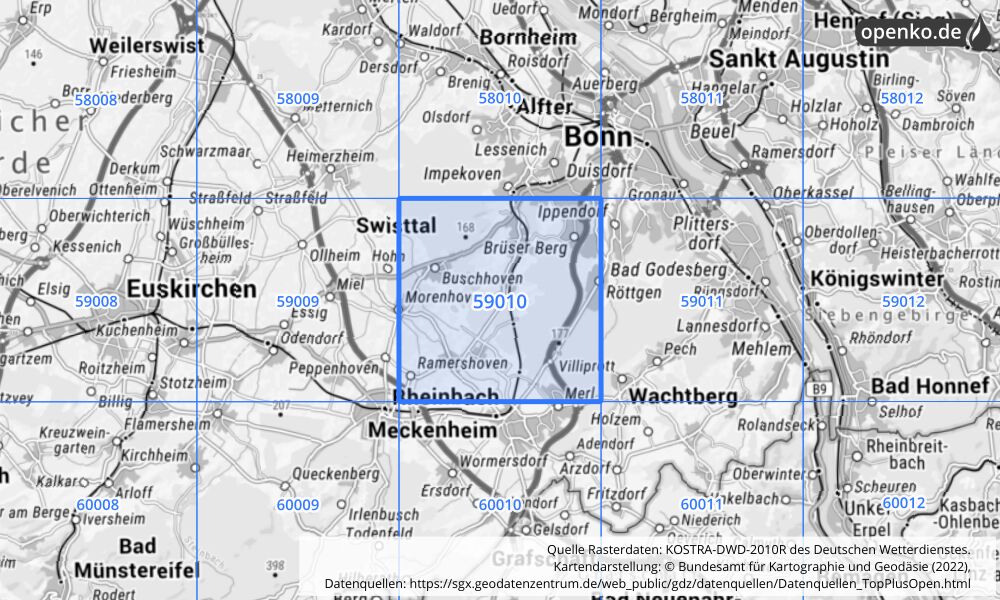 Übersichtskarte KOSTRA-DWD-2010R Rasterfeld Nr. 59010 mit angrenzenden Feldern