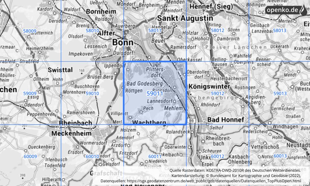 Übersichtskarte KOSTRA-DWD-2010R Rasterfeld Nr. 59011 mit angrenzenden Feldern