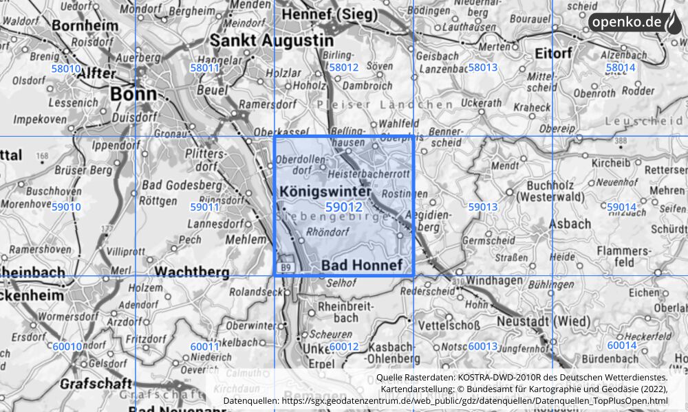 Übersichtskarte KOSTRA-DWD-2010R Rasterfeld Nr. 59012 mit angrenzenden Feldern