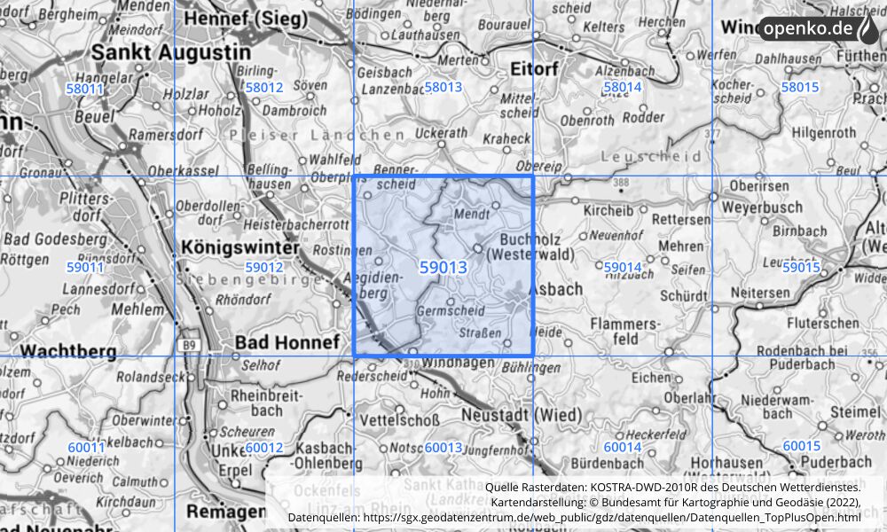 Übersichtskarte KOSTRA-DWD-2010R Rasterfeld Nr. 59013 mit angrenzenden Feldern