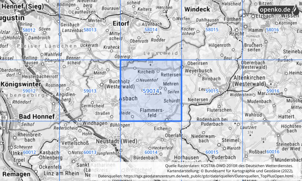 Übersichtskarte KOSTRA-DWD-2010R Rasterfeld Nr. 59014 mit angrenzenden Feldern