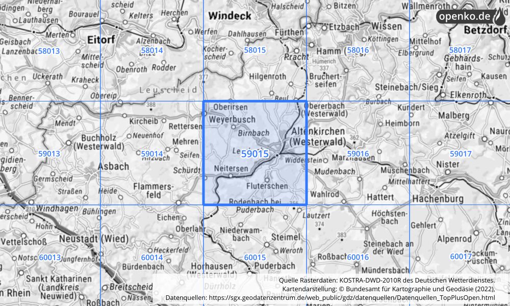 Übersichtskarte KOSTRA-DWD-2010R Rasterfeld Nr. 59015 mit angrenzenden Feldern