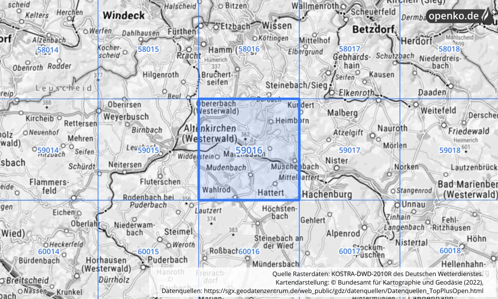 Übersichtskarte KOSTRA-DWD-2010R Rasterfeld Nr. 59016 mit angrenzenden Feldern