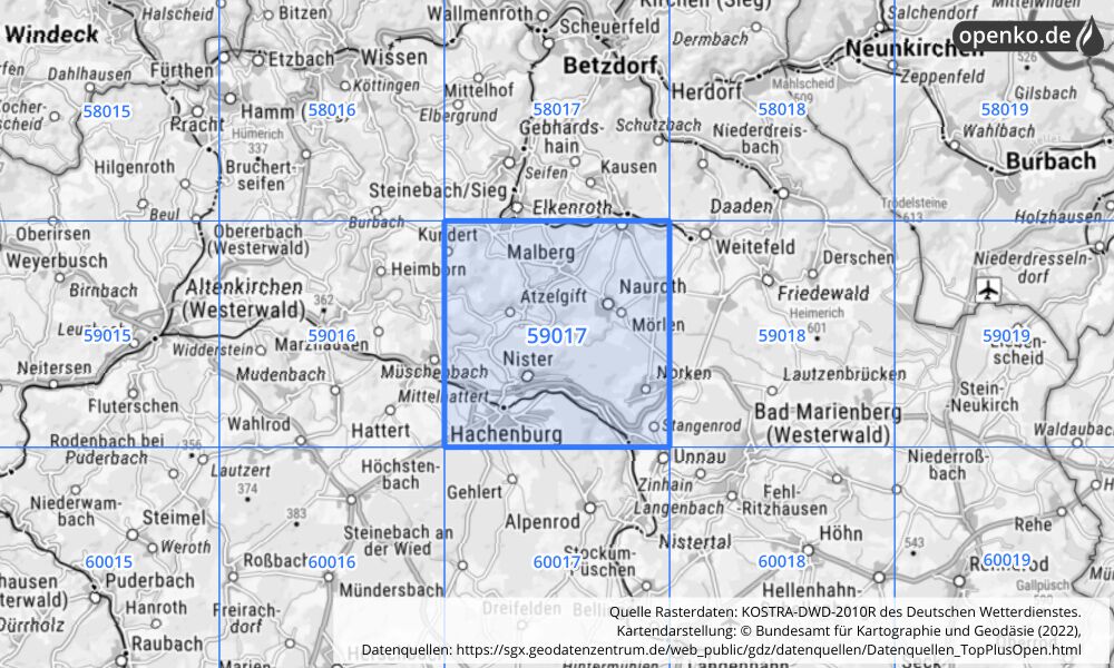 Übersichtskarte KOSTRA-DWD-2010R Rasterfeld Nr. 59017 mit angrenzenden Feldern