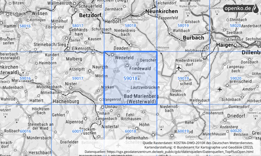 Übersichtskarte KOSTRA-DWD-2010R Rasterfeld Nr. 59018 mit angrenzenden Feldern