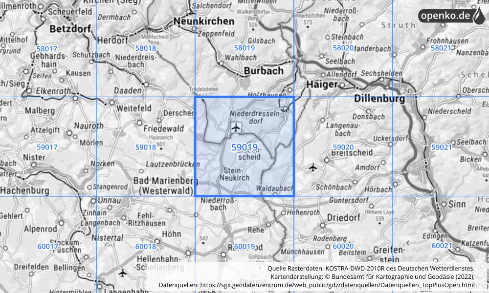 Übersichtskarte KOSTRA-DWD-2010R Rasterfeld Nr. 59019 mit angrenzenden Feldern