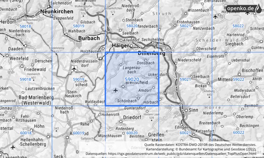 Übersichtskarte KOSTRA-DWD-2010R Rasterfeld Nr. 59020 mit angrenzenden Feldern