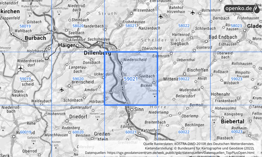 Übersichtskarte KOSTRA-DWD-2010R Rasterfeld Nr. 59021 mit angrenzenden Feldern