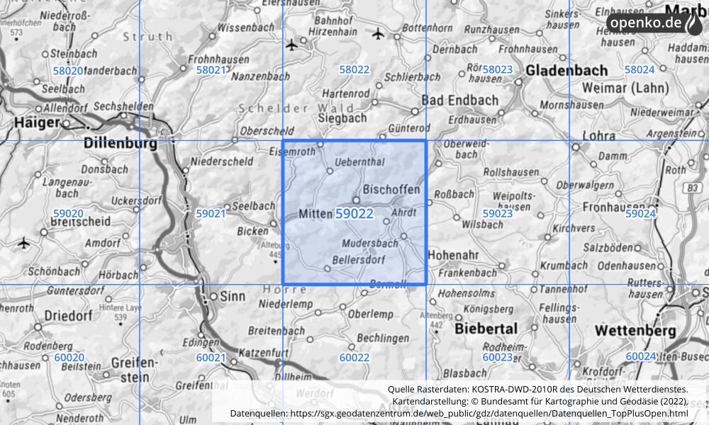 Übersichtskarte KOSTRA-DWD-2010R Rasterfeld Nr. 59022 mit angrenzenden Feldern