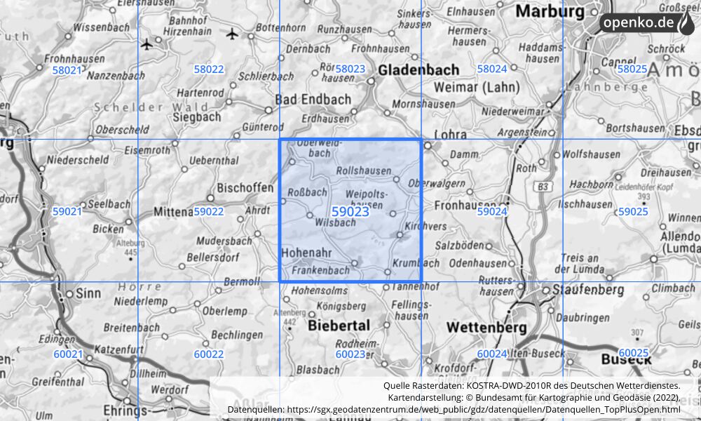 Übersichtskarte KOSTRA-DWD-2010R Rasterfeld Nr. 59023 mit angrenzenden Feldern