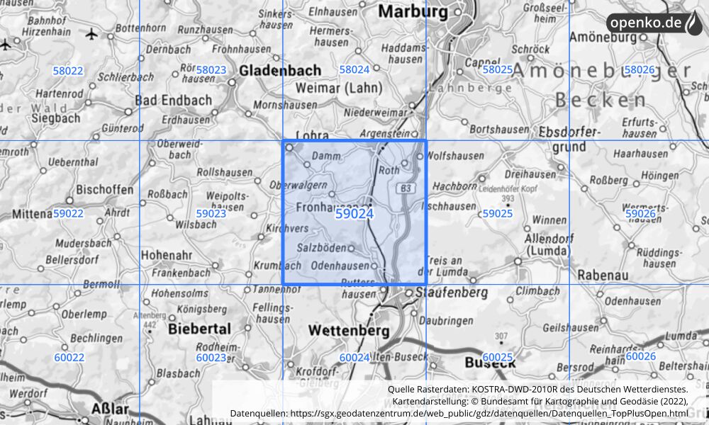 Übersichtskarte KOSTRA-DWD-2010R Rasterfeld Nr. 59024 mit angrenzenden Feldern