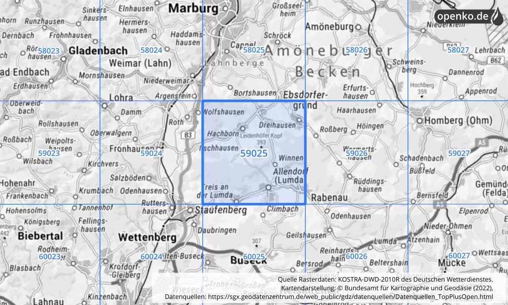 Übersichtskarte KOSTRA-DWD-2010R Rasterfeld Nr. 59025 mit angrenzenden Feldern