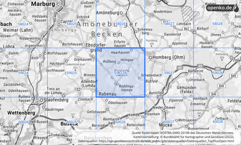 Übersichtskarte KOSTRA-DWD-2010R Rasterfeld Nr. 59026 mit angrenzenden Feldern